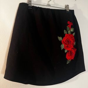 Black skirt with red embroidered roses, size medium